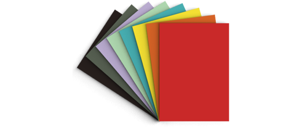 Different colours of paper sheets on a fan format. Representing 540gsm GF Smith line of business cards from Hatch. For your business cards, print CMYK or white ink on coloured paper.