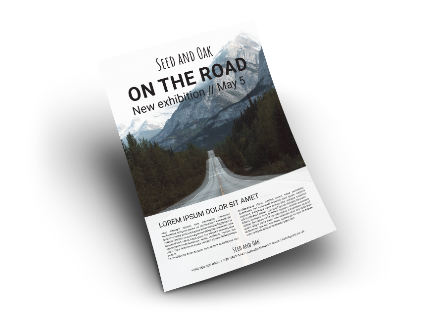 Flyer featuring image of straight road, with dashed yellow line in the middle, heading towards mountains. 'Seed and oak, on the road' written at the top in black text. Additional text, in black with a white background, mentions information about photographic exhibibition. A flyer template offered by Hatch.