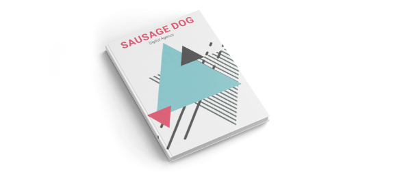 Example brochure featuring green, black and red geometric shapes. 'Sausage dog, digital agency' is written in red and black text at the top of the page. This case-bound brochure represents the high quality printing and binding services offered by Hatch.