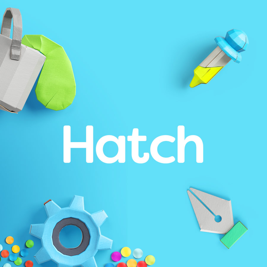 Hatch logo over a blue background. Image of a colour drop pick, bucket of paint, pen tip are scattered around the image. A blog post about the near-death of Paint design software.